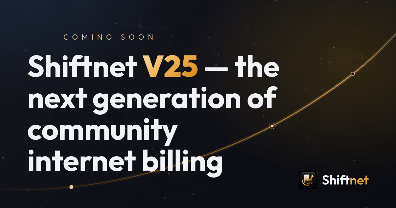 Shiftnet V25 cover — gold growth curve on charcoal with the Shiftnet constellation